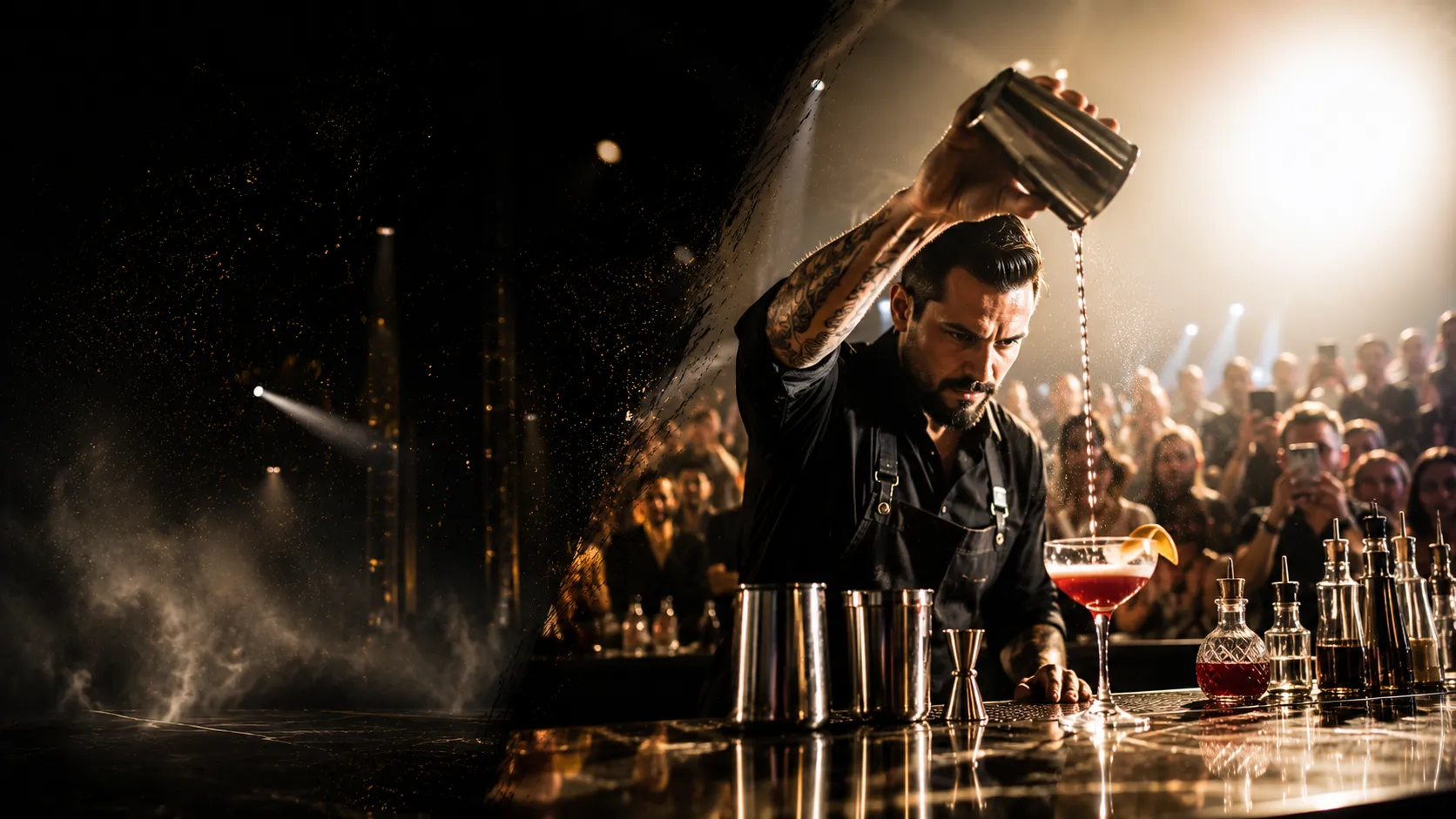 Bartender pouring a cocktail at a busy DrinkHQ championship bar.
